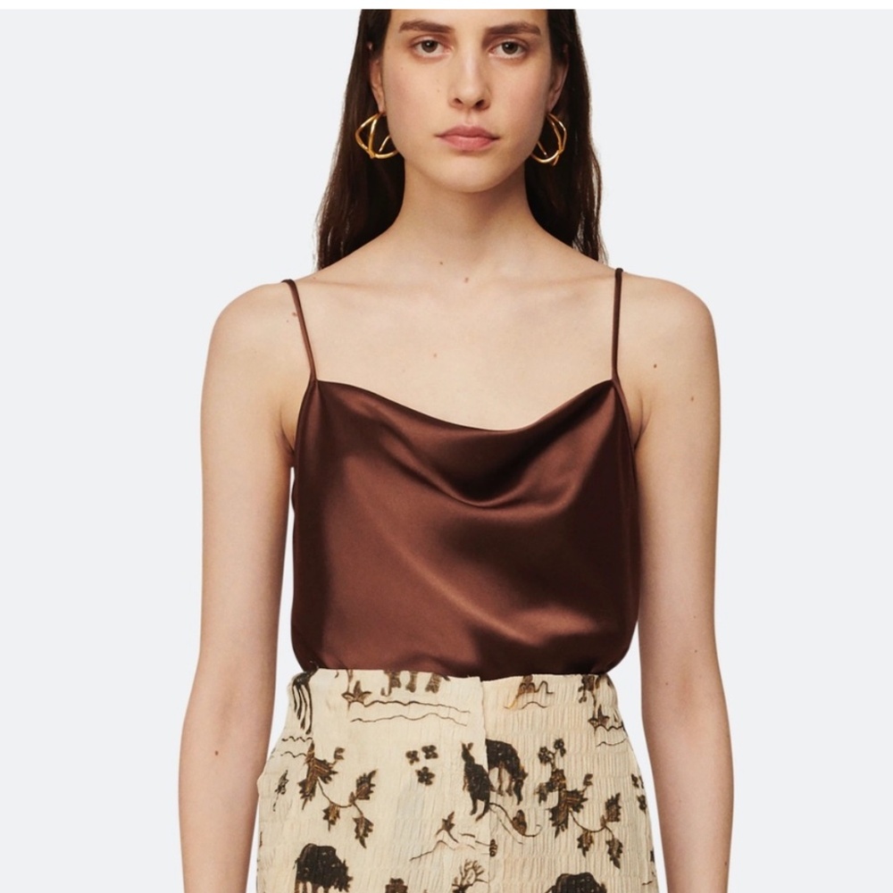 NANUSHKA NWT Johar Brown Satin Cowl Neck Cami Camisole Tank Top Chocolate Brown